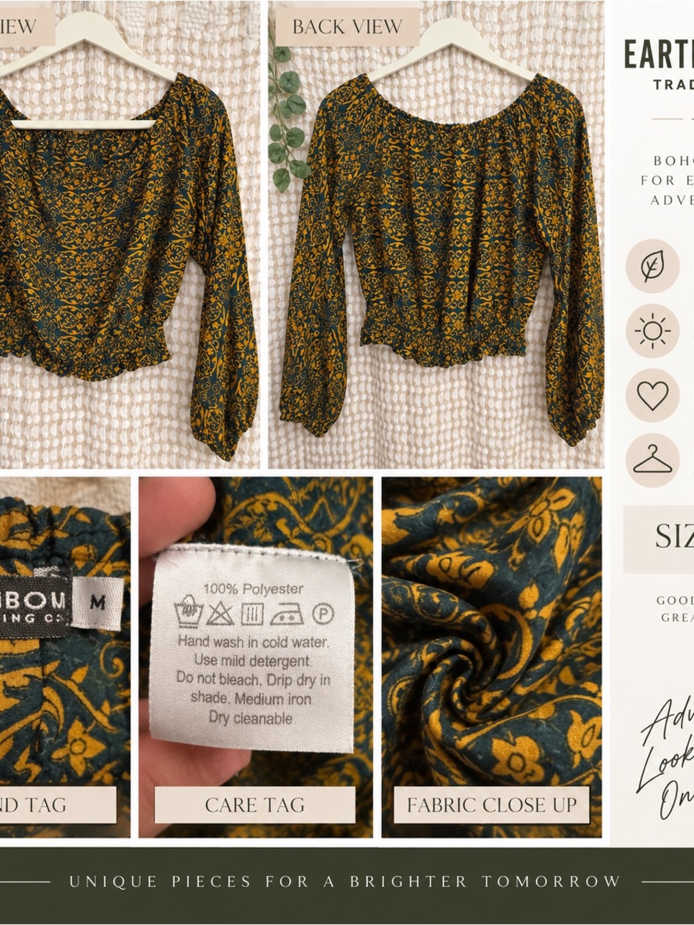 Green and Mustard Floral Peasant Top - Size M